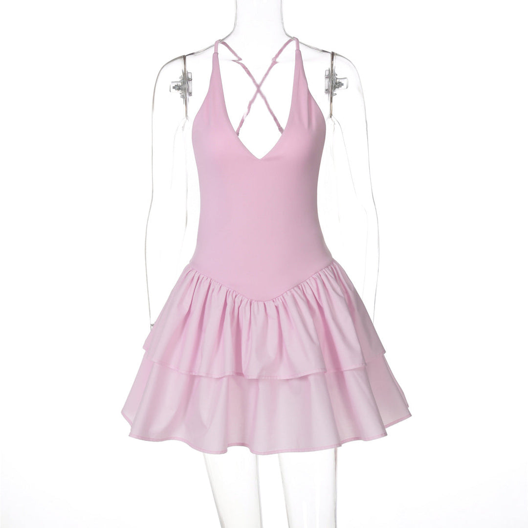 Women Clothing Summer Sexy V neck Halter Backless Splicing Sling Dress
