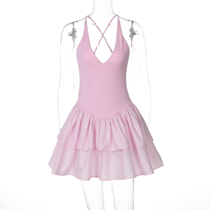 Women Clothing Summer Sexy V neck Halter Backless Splicing Sling Dress