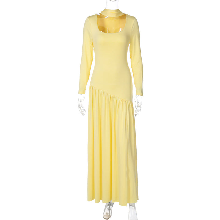 Women Clothing Autumn Sexy Contrast Color U Collar Solid Color Split Long Sleeve Dress