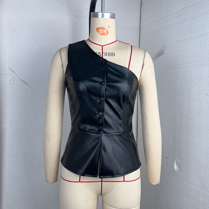 Summer Women Single Breasted Short Faux Leather Shoulder Sexy off Shoulder Vest