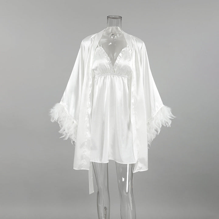Loose Night Dress Robe Two Piece Sets Satin Stitching Feather Sleeve Solid Color Ladies Homewear