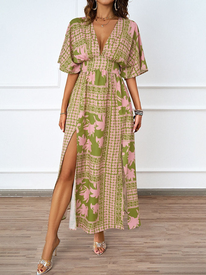 Summer Sexy V neck Short Sleeve Waist Controlled Printed Dress for Women