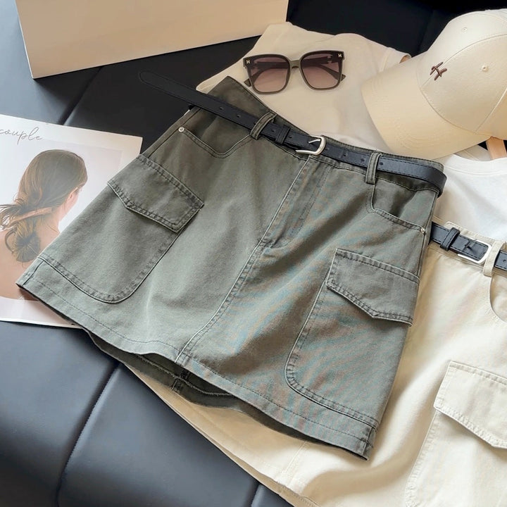 Workwear Denim Skirt Women Summer High Waist Slimming Multi Pocket Anti Exposure A line Skirt (No belt)