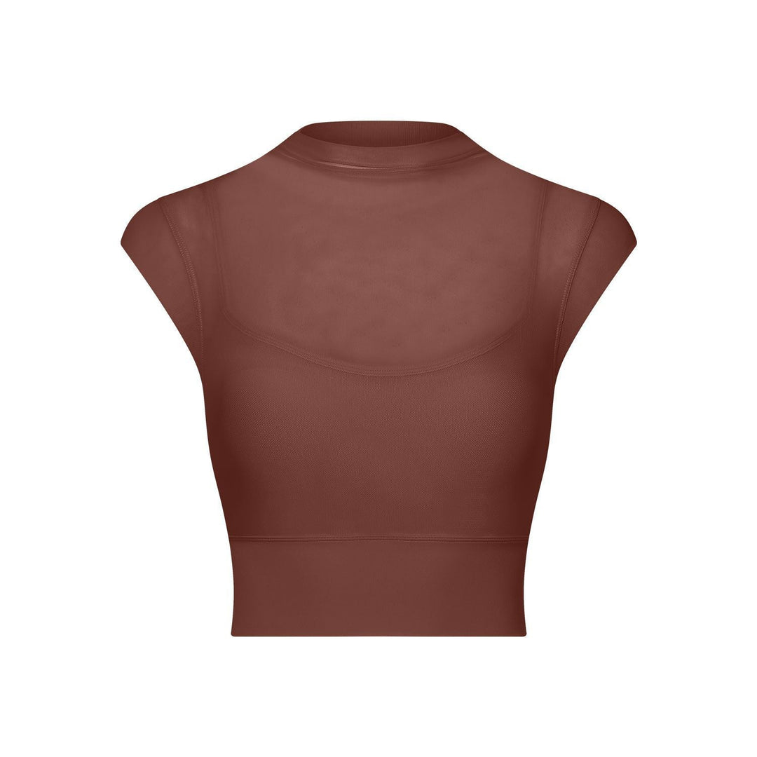 Sexy Mesh Yoga Clothes Flounced Sleeve Running Quick Drying Sports Bra with Chest Pad One Piece Cup Workout Clothes Top