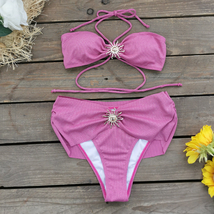 Halter Lace up Tube Top Solid Color Split Swimsuit Women High Waist Bikini Sexy Bikini
