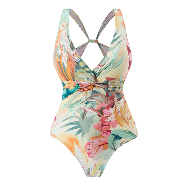One Piece Swimsuit Women Conservatively Thin Vintage Printed Hard Bag Swimsuit with Steel Bracket Tulle Skirt