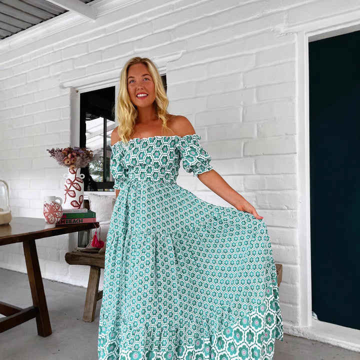 Women Clothing Printed Puff Sleeve Large Swing Dress