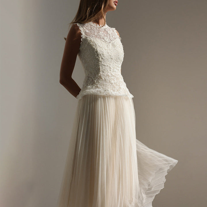 Women Elegant High Grade Dress Summer Lace Embroidered Mesh Stitching Sleeveless Dress