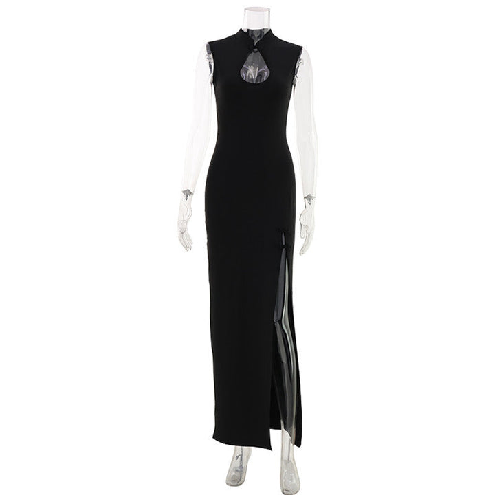 Sexy Adult Lady like Woman Clothing Solid Color Cheongsam Button Hollow Out Cutout Sleeveless Slim Vest Dress High Slit Maxi Dress