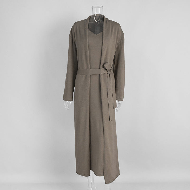 Women Knitted Long Sleeve Cardigan Sling Dress Set Autumn Soft Blouse