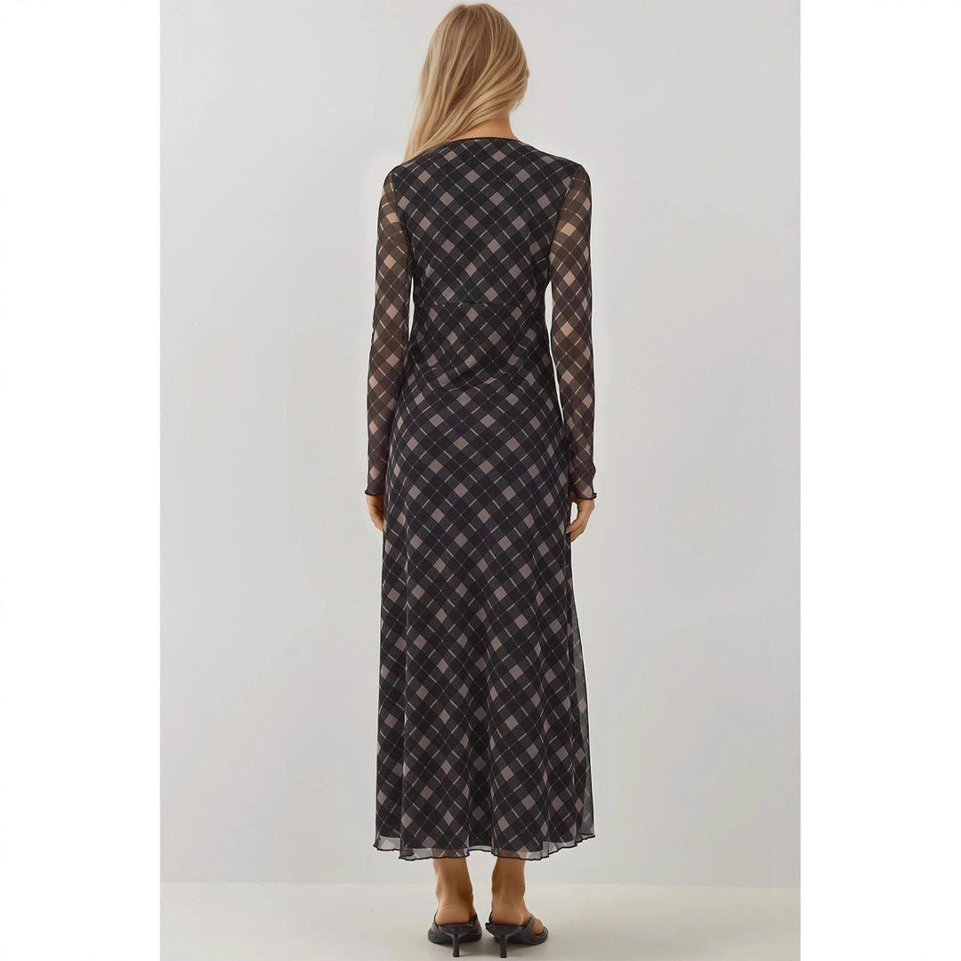 Autumn Retro V neck Lace up Plaid Elegant Graceful Slim Dress