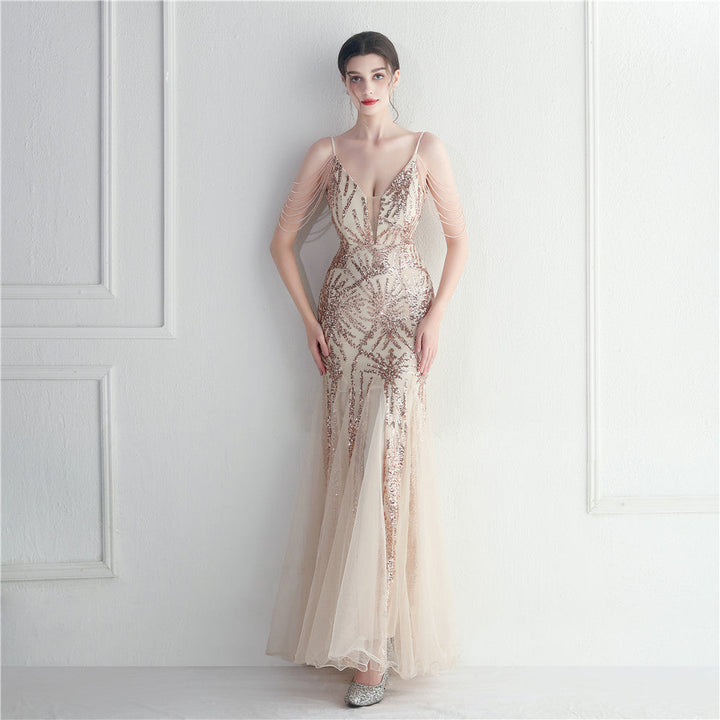 Beaded Bridal Wedding Dinner Long Camisole Evening Dress