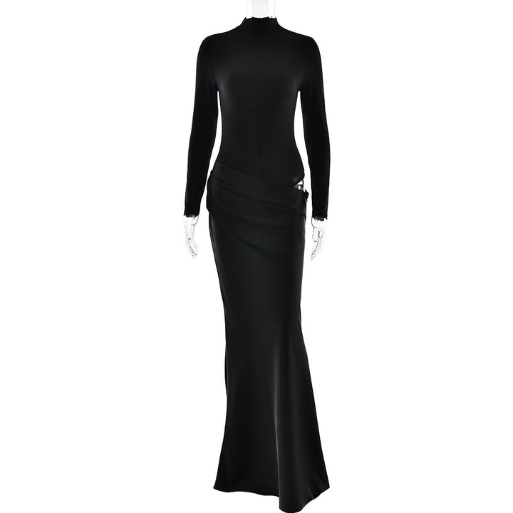 Summer Half High Collar Long Sleeves Dress Sexy Slim Fit Faux Two Piece Solid Color Dress