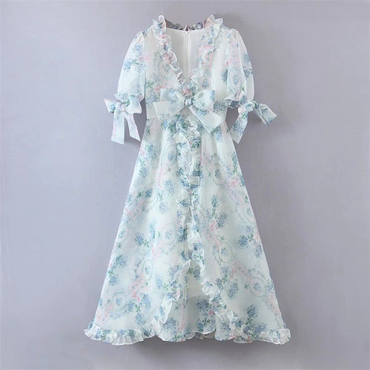 Floral Print Dress Bubble Sleeve Retro Princess Dress Spring Summer Wooden Ear Large Swing Women Dress Sheer