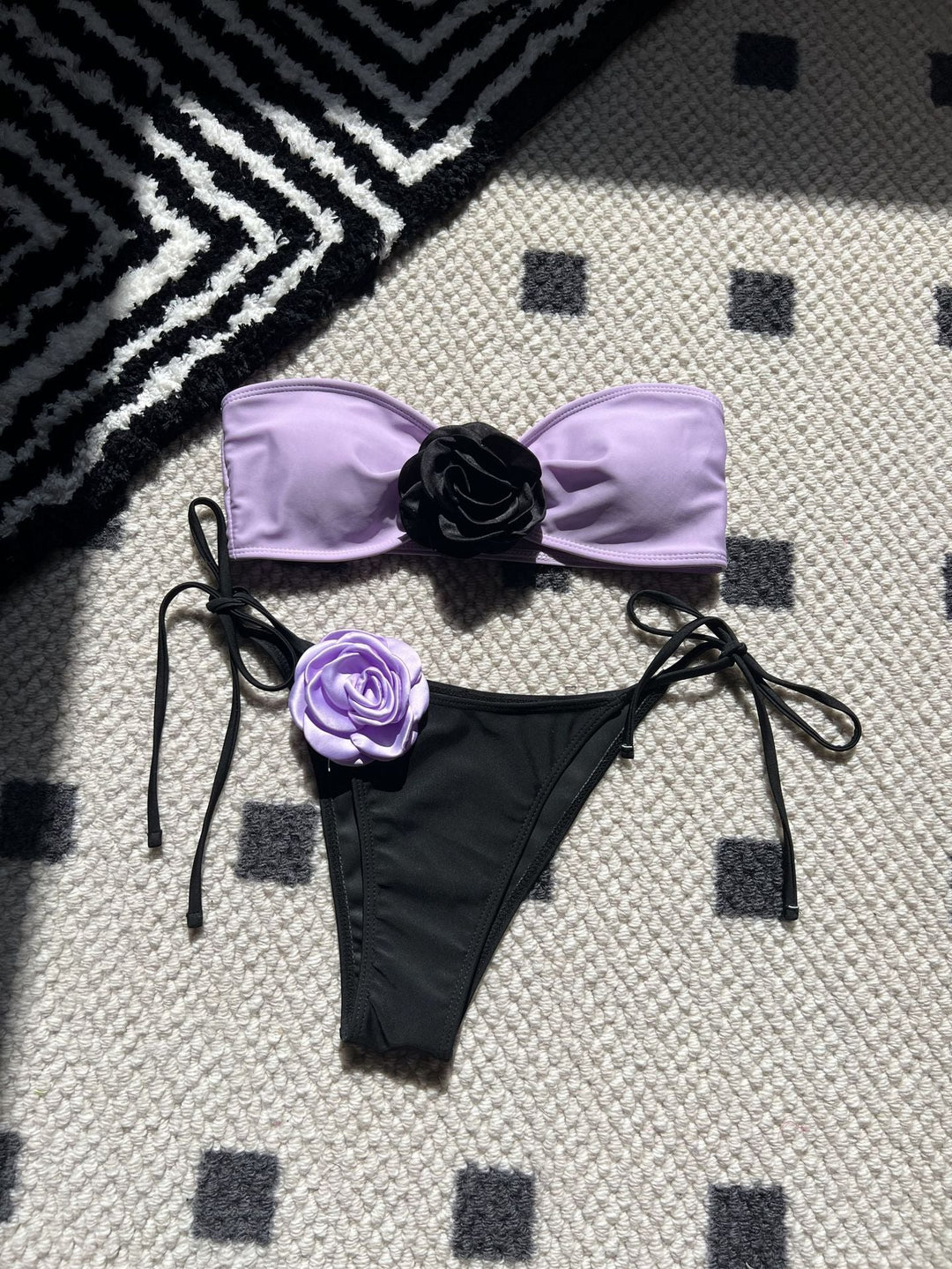Color Matching Rose Tube Top Lace up Drawstring Strap Split Swimsuit Bikini