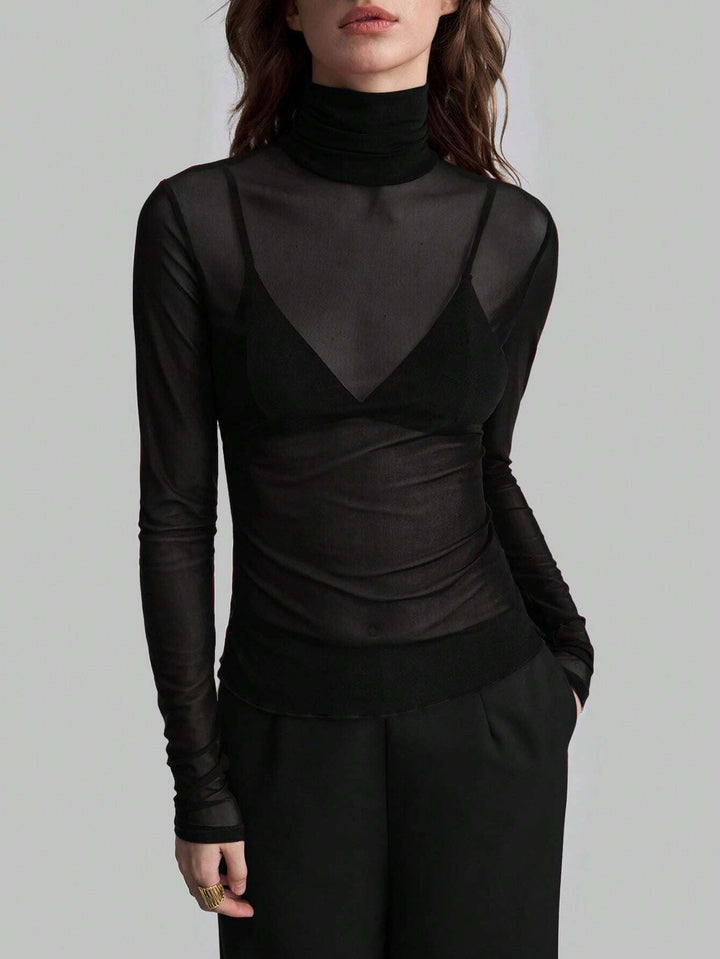 Autumn Winter Stand Collar Solid Color Mesh Slim Fit Slimming Long Sleeves Office Top