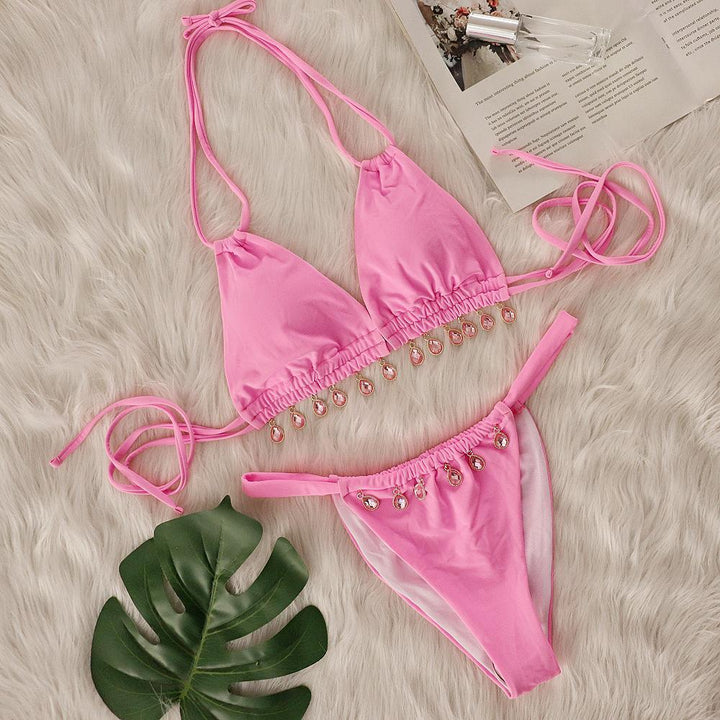 Two Piece Swimsuit Women Pink Bikini Swimsuit with Gem Embellished