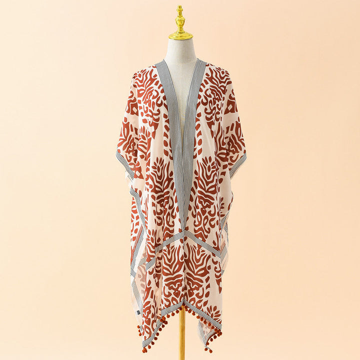 Spring Summer Striped Floral Print Pattern Chiffon Sun Protective Blouse Ball Decorative Cardigan