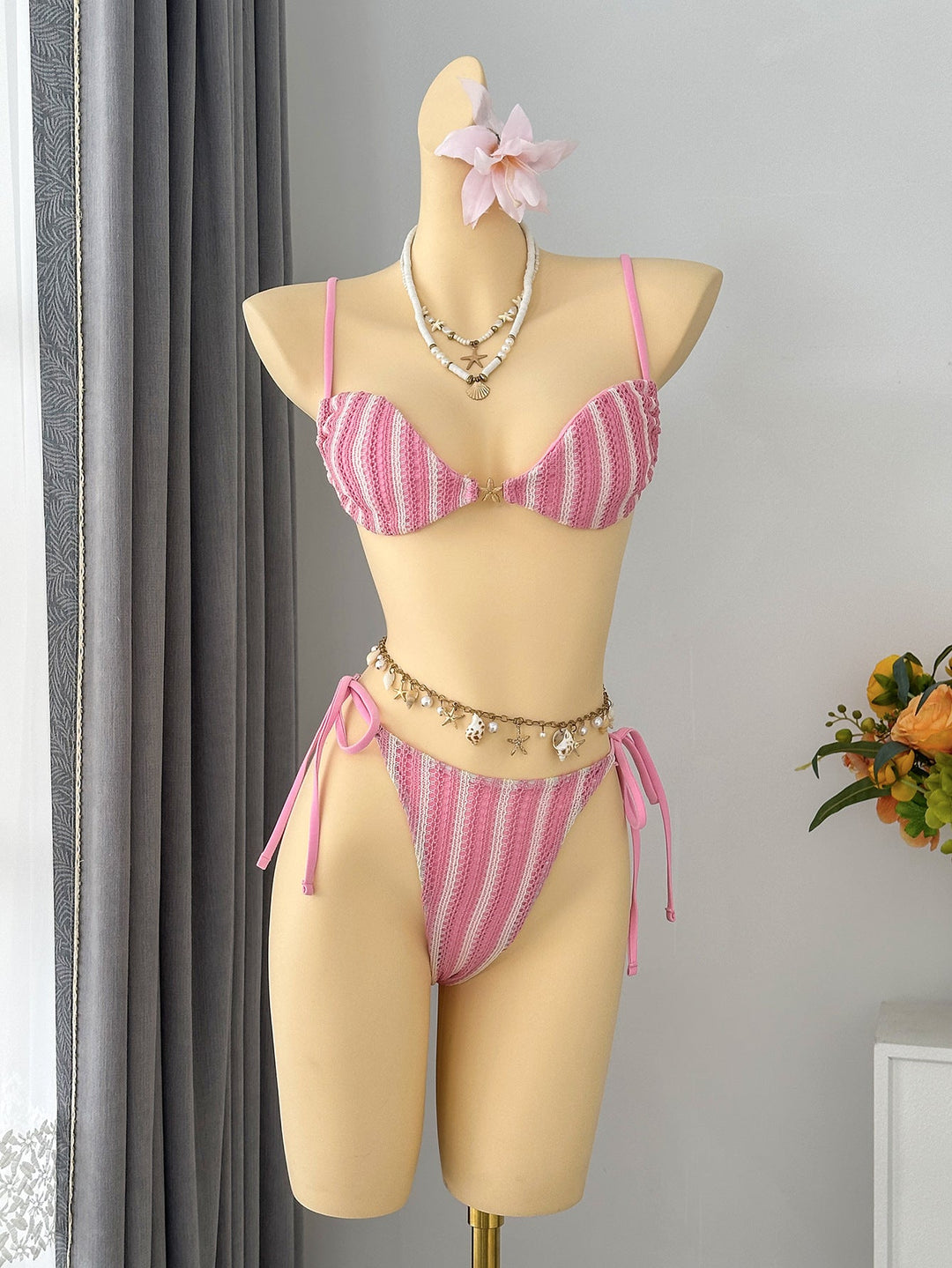 Sexy Striped Halter Lace up Beach Vacation Tube Top Bikini Split Swimsuit Bikin