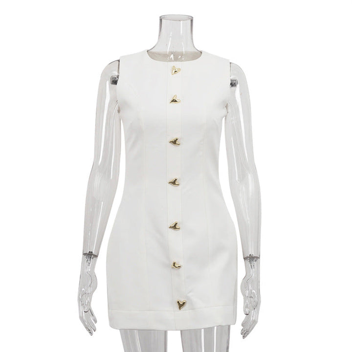Women Clothing Arrival White Short French Dress Sleeveless round Neck Waist Controlled Vest Dress