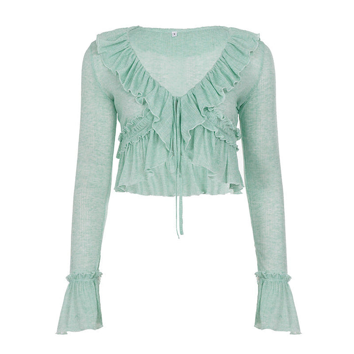 Women Streetwear Solid Color Semi See through Ruffled Tied Cardigan Irregular Asymmetric Long Sleeve V neck Blouse