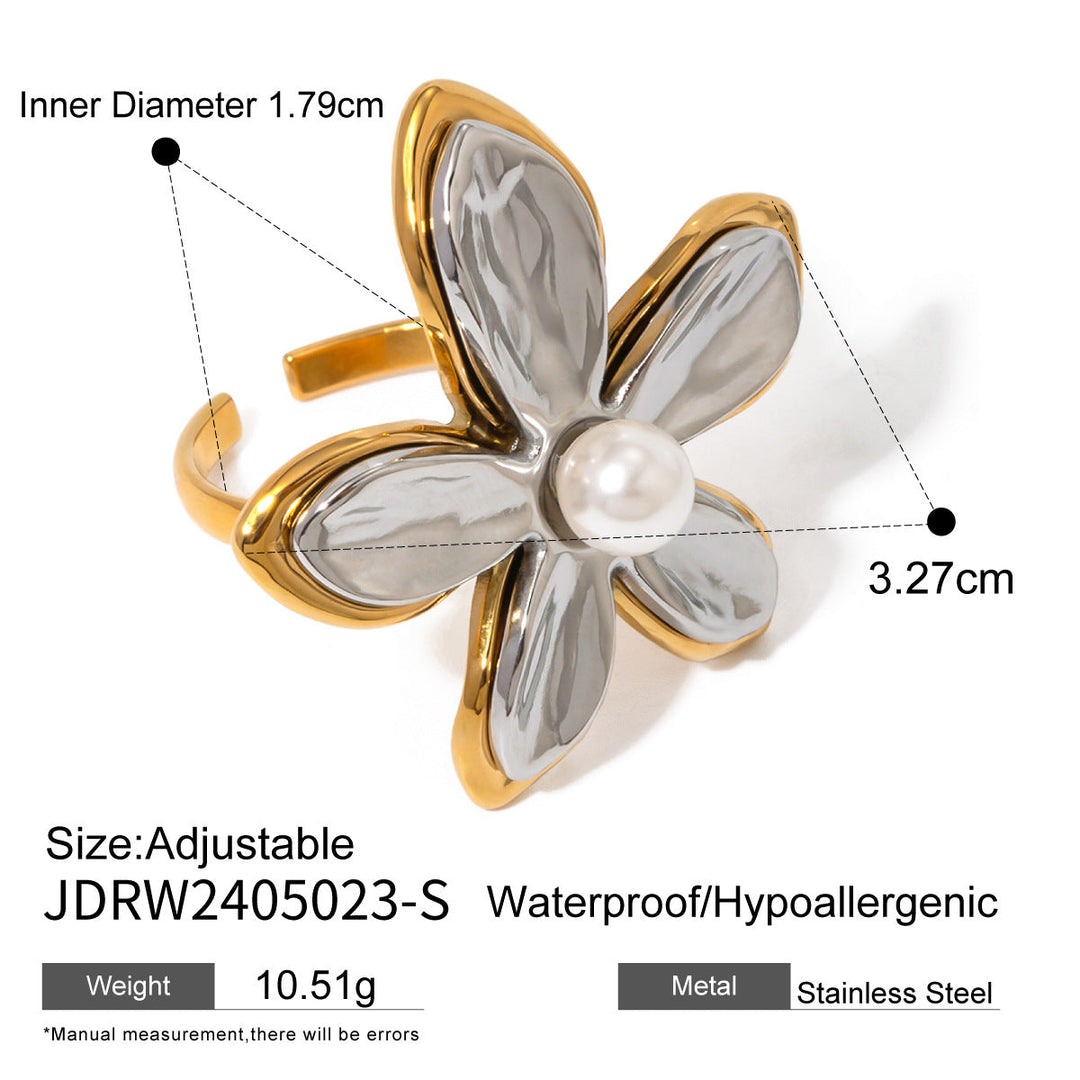 Stainless Steel Floral Pearl Ring Exaggerated High Sense Ring Titanium Steel Rings Ornament