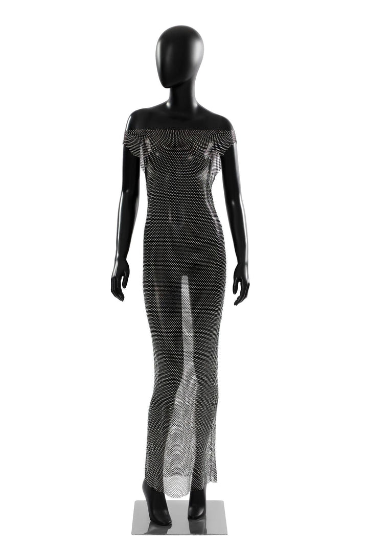 Sexy Mesh Maxi Dress Rhinestone See through Dress Fishnet Rhinestone off Neck Dress Elastic Dress