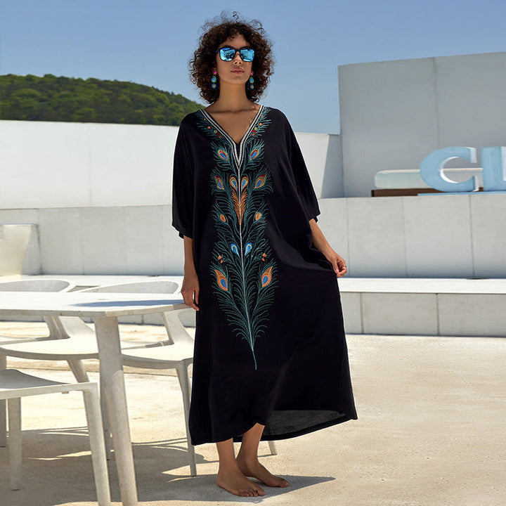 Cotton Printing Vacation Loose Maxi Dress Beach Jacket Maxi Dress Bikini Cover up Blouse