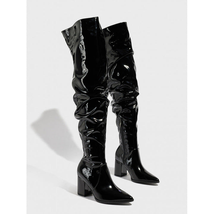 Pointed Toe Thick Heel Bright Leather Natural Wrinkle Side Zipper Comfortable Qualcomm Women Boots