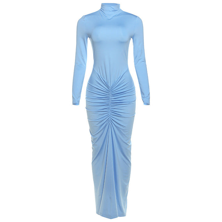 Women Clothing Autumn Solid Color Elegant Slim Slimming Pleated Turtleneck Long Sleeve Dress