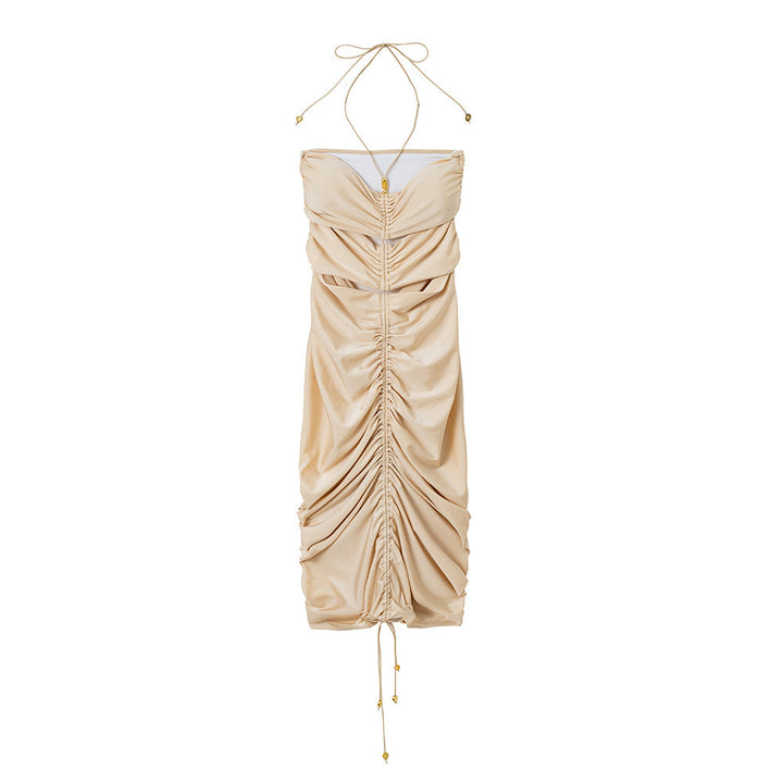 Light Nylon Solid Color Drawstring Draped Dress Sexy Tight Hip Dress