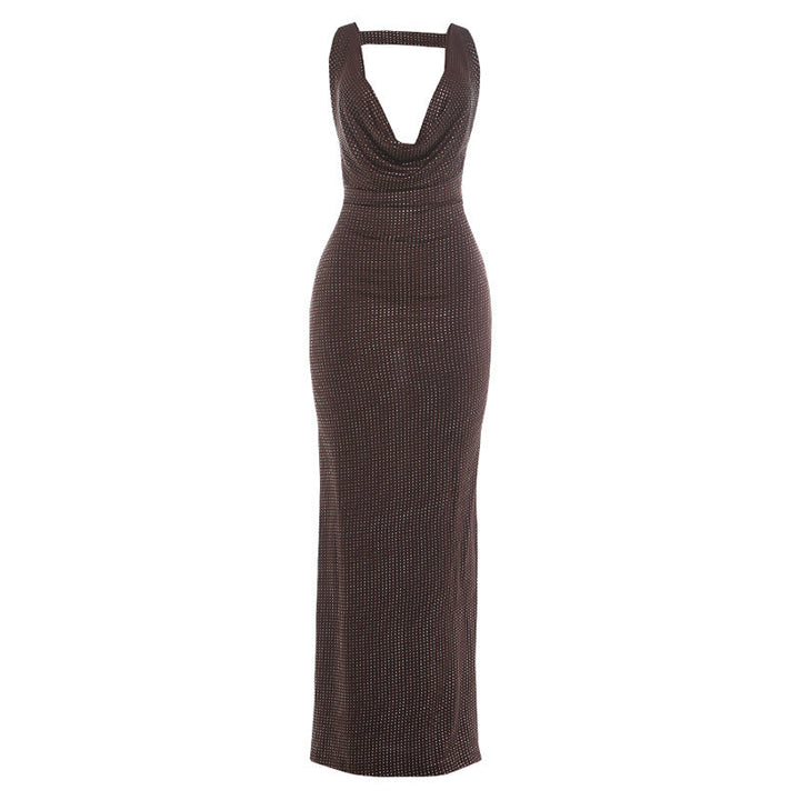 Summer Women Sexy Big Backless Dress Shiny Surface Sexy Swing Collar Sheath Dress