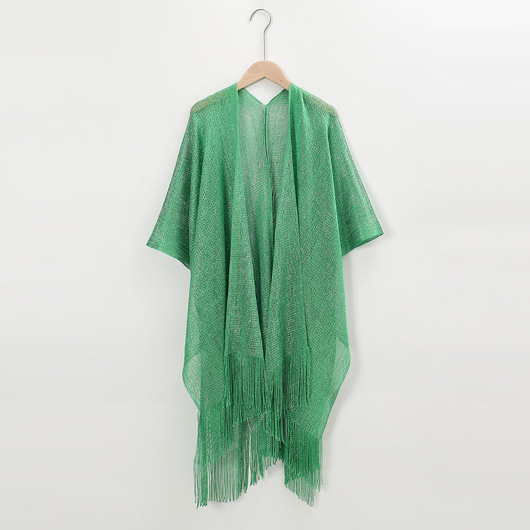 Beach Solid Color Sun Proof Tassel Knitting Beach Cover Up Sweater Shawl Cardigan