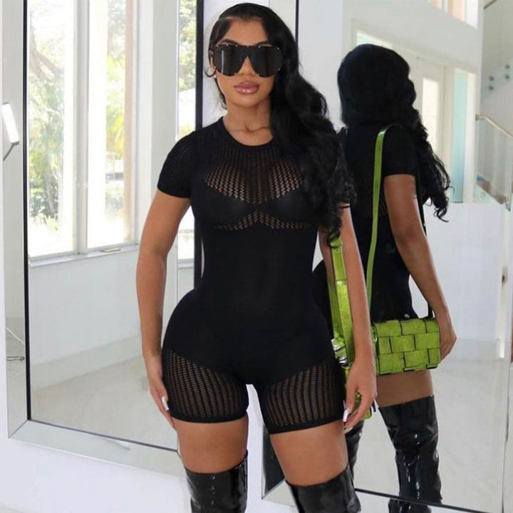 Summer Women Clothing Zipper Sexy Cutout Skinny Hip Raise Knitted Short Romper Women