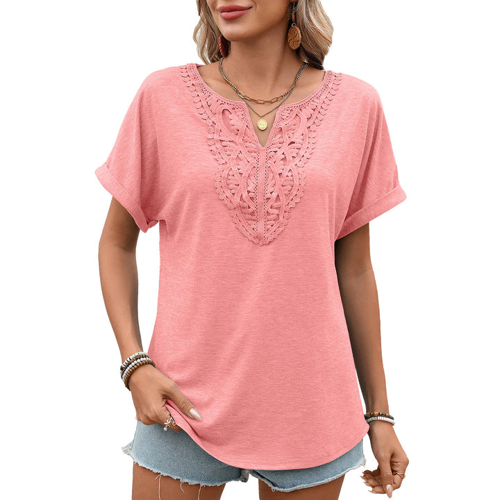 Women Clothing Spring Summer Solid Color V neck Lace Loose Short Sleeve T shirt Top