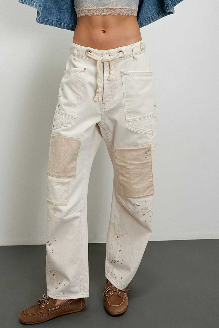 Eight Colors Retro Washed Stitching Patchwork Splash Ink Straight Drawstring