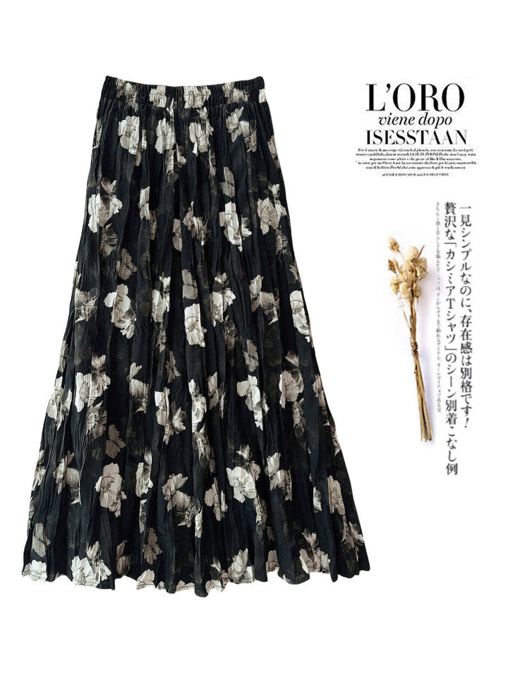 Camellia Retro Pleated Skirt Summer Printed Cover Slimming Large Hem Casual Dress