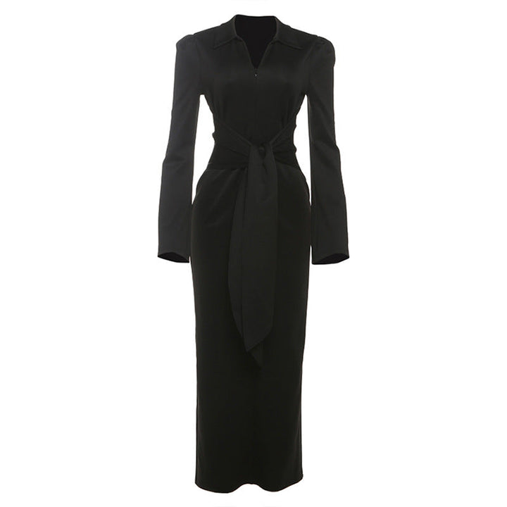 Fall Women Clothing Solid Color Collared Waist Tight Slim Fit Lace up Long Sleeve Zipper Dress