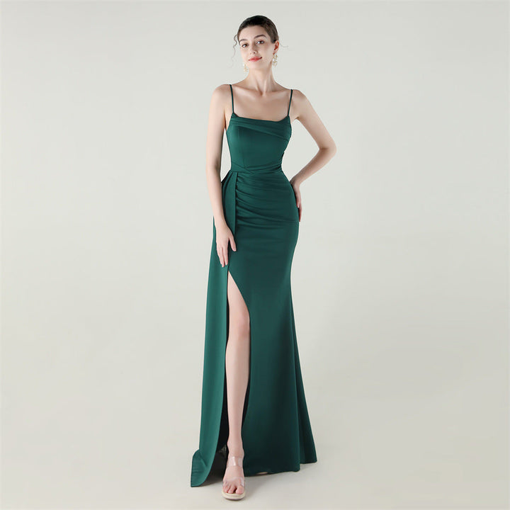 Camisole Tube Top Satin Pleated Fishtail High Slit Evening Dress Elegant Slim Dress for Dinner Ceremony