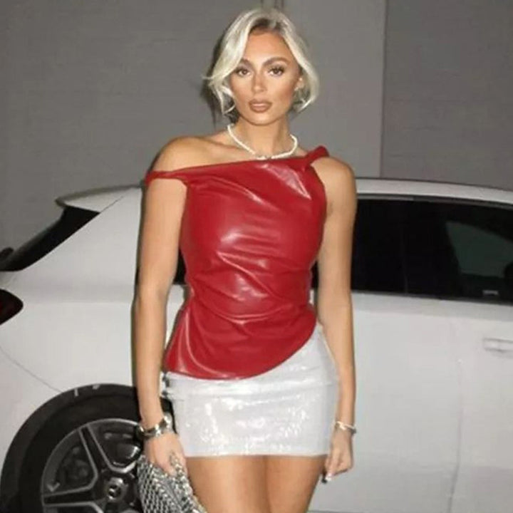 Sleeveless Vest Leather Oblique Shoulder Personality Irregular Asymmetric Top Women Clothing