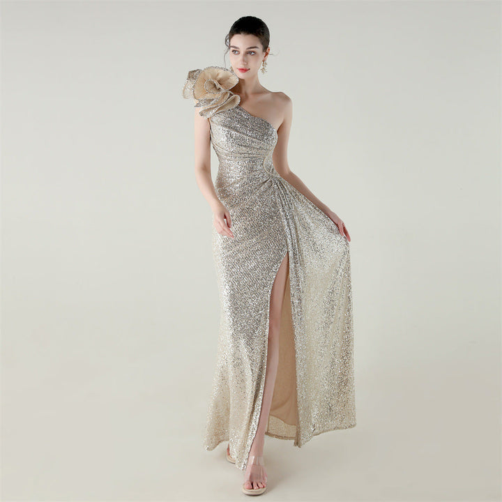 One Shoulder Sequin Craft Floral Beaded Slim Fishtail Evening Dress Award Ceremony High End Social Dress