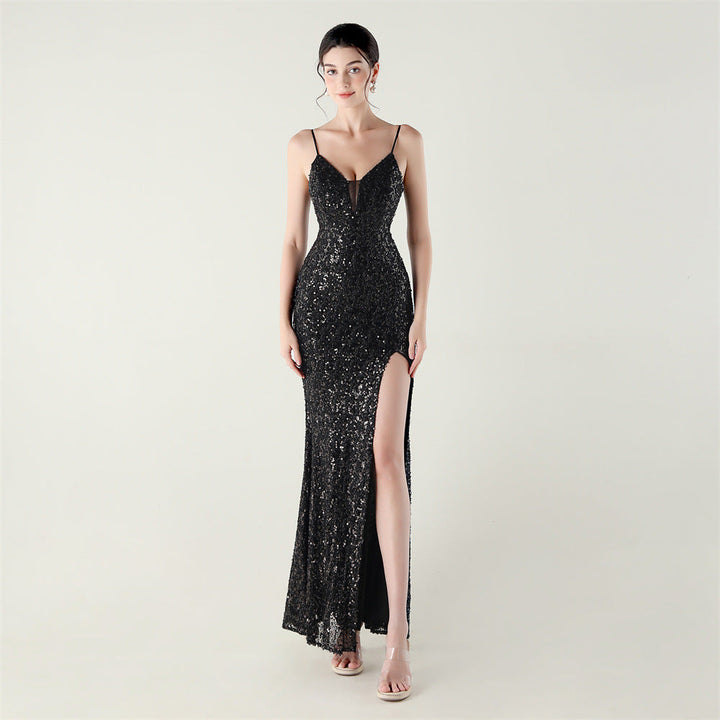 Bead Tube Sequin Spaghetti Strap High Slit Evening Dress Cross Tied Slim Fit Slimming Dinner Social Women