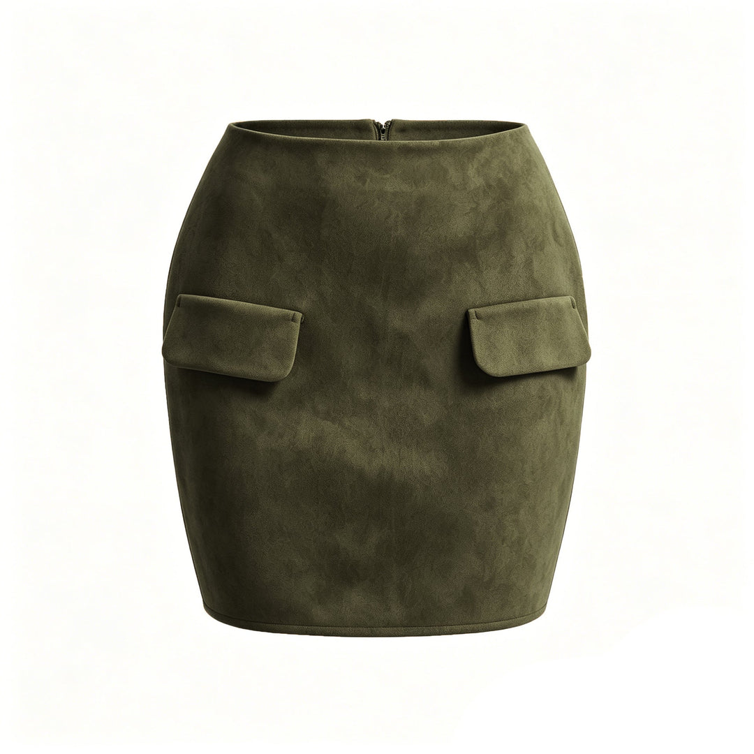 Autumn Winter Women Suede Double Pocket Skirt High Waist Package Hip Zipper Skirt