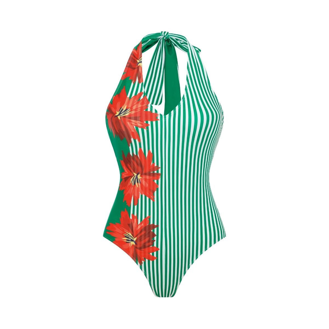 Swimsuit Green Striped Floral Stitching Swimsuit Women Tube Top Swimsuit