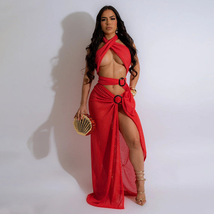 Sexy Halter Mesh Slim Fit High Slit Dress Women Solid Color