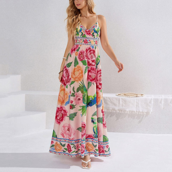 Summer Printing Slip Dress Sexy Vacation Backless Lace up Waist Slimming Maxi Dress