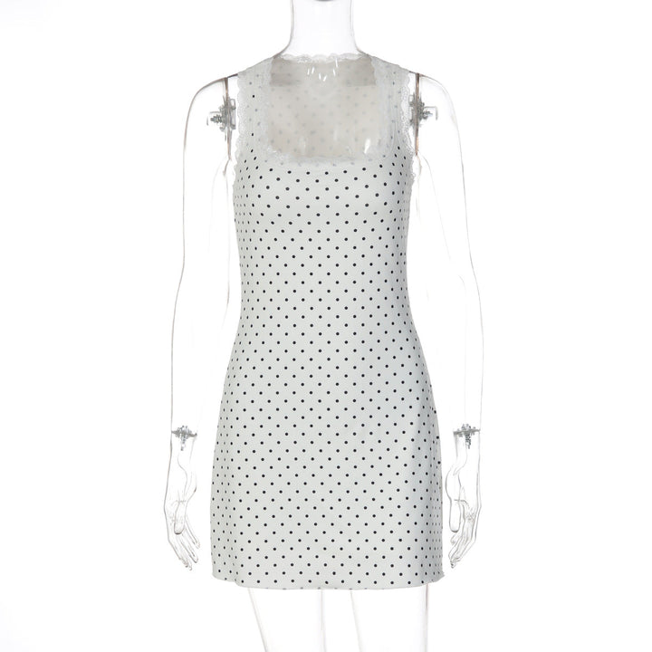 Polka Dot Lace Patchwork Dress Summer Sexy Short Sleeveless Slim Fit Bodycon Dress