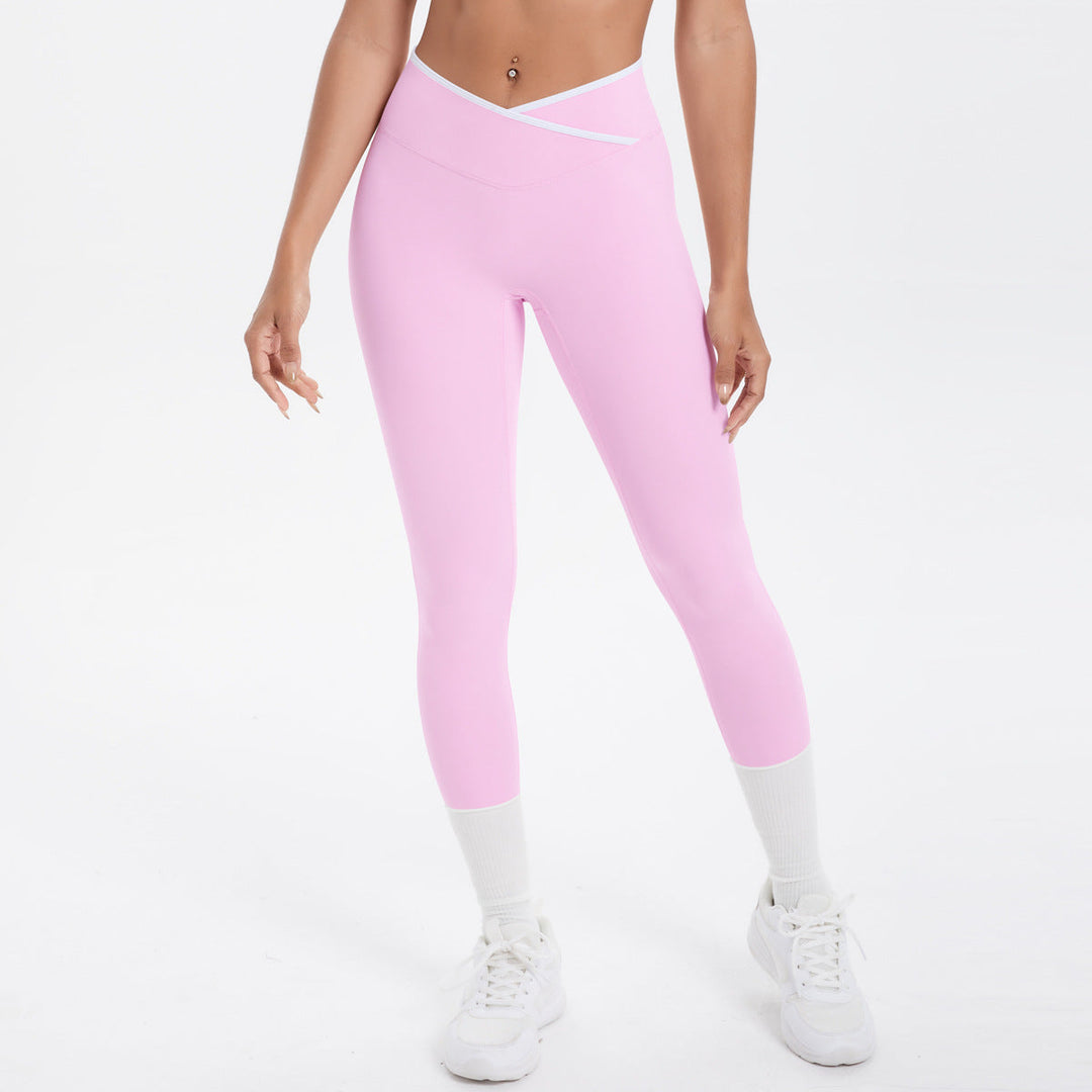 Nude Feel Skinny Yoga Pants Contrast Color Sexy Hip Lifting Cross High Waist Cropped Pants Women Sports Fitness Pants