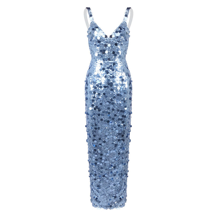 Sequined Blue Sequin V neck Dress with Shoulder Straps Sexy Dress Women Clothing