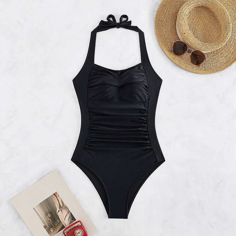 Halter Tether Women Swimsuit Ladies Swimsuit Solid Color Fabric Summer Beach Swimwear